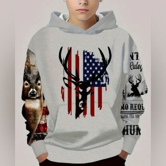 NWT Unisex Youth Kids Gray Graphic Hoodie Deer Head USA Flag Hunting - Size 9/10 - Picture 1 of 4